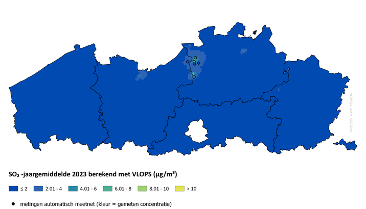 Gemodelleerde jaargemiddelde concentratie zwaveldioxide (SO₂) in 2022
