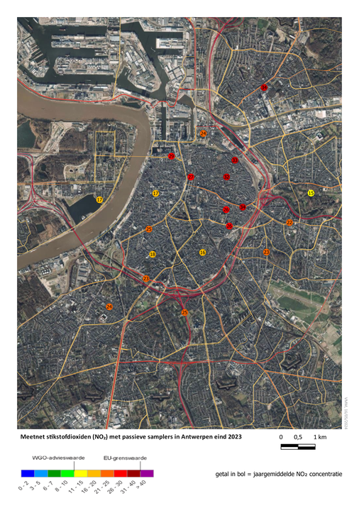 Ligging en resultaten van de passieve samplers in Antwerpen