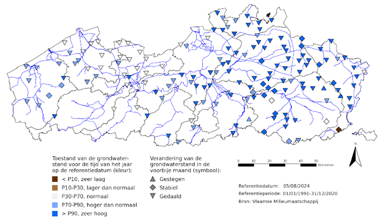 Huidige grondwaterstandsveranderingen en relatieve situering van de huidige freatische grondwaterstand begin augustus 2024