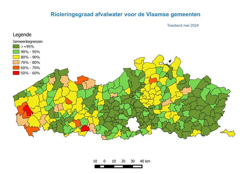 Rioleringsgraad per gemeente (toestand mei 2024)